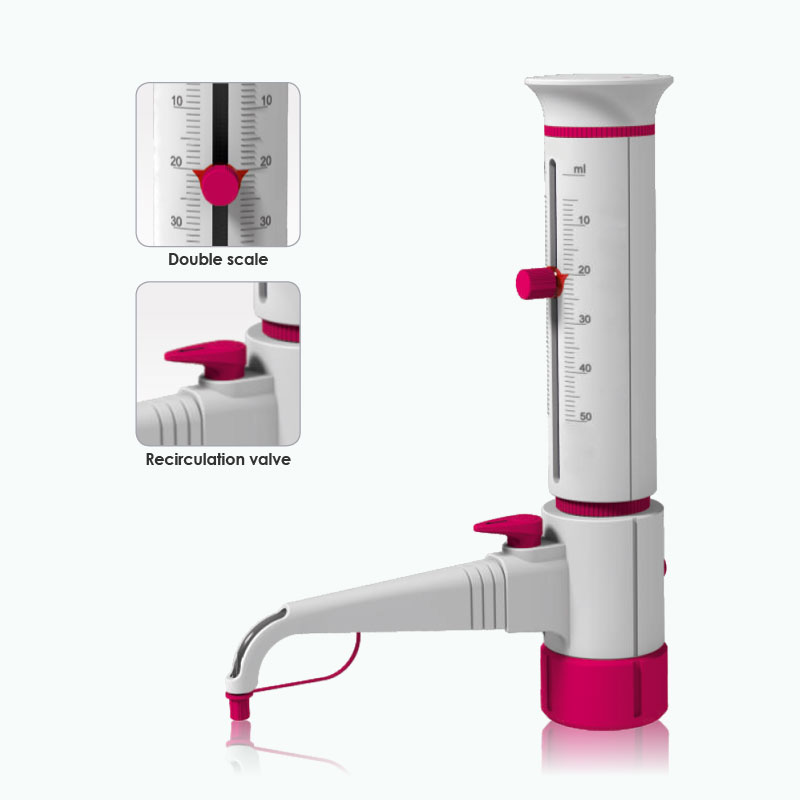 Fles dispenser 5-50 ml voor lab flessen - variabel volume - retourdoseerventiel