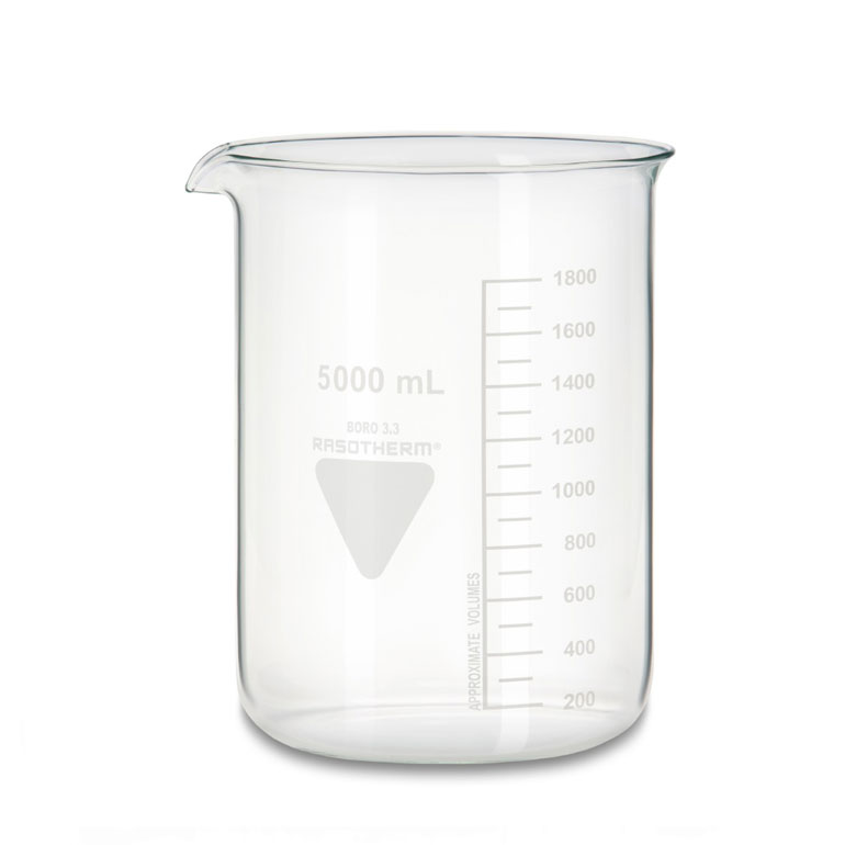 Rasotherm bekerglas 5000 ml lage vorm met schaalverdeling en schenktuit