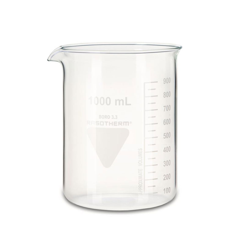 Rasotherm bekerglas 1000 ml lage vorm met schaalverdeling en schenktuit