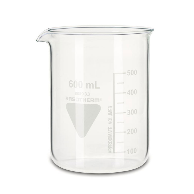 Rasotherm beaker 600 ml low form with volume graduation and spout