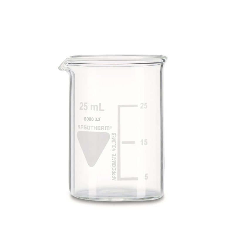 Rasotherm beaker 25 ml low form with volume graduation and spout