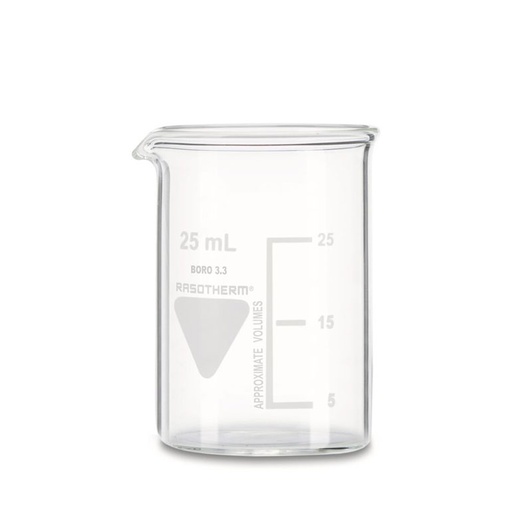 [93206003] Rasotherm bekerglas 25 ml lage vorm met schaalverdeling en schenktuit